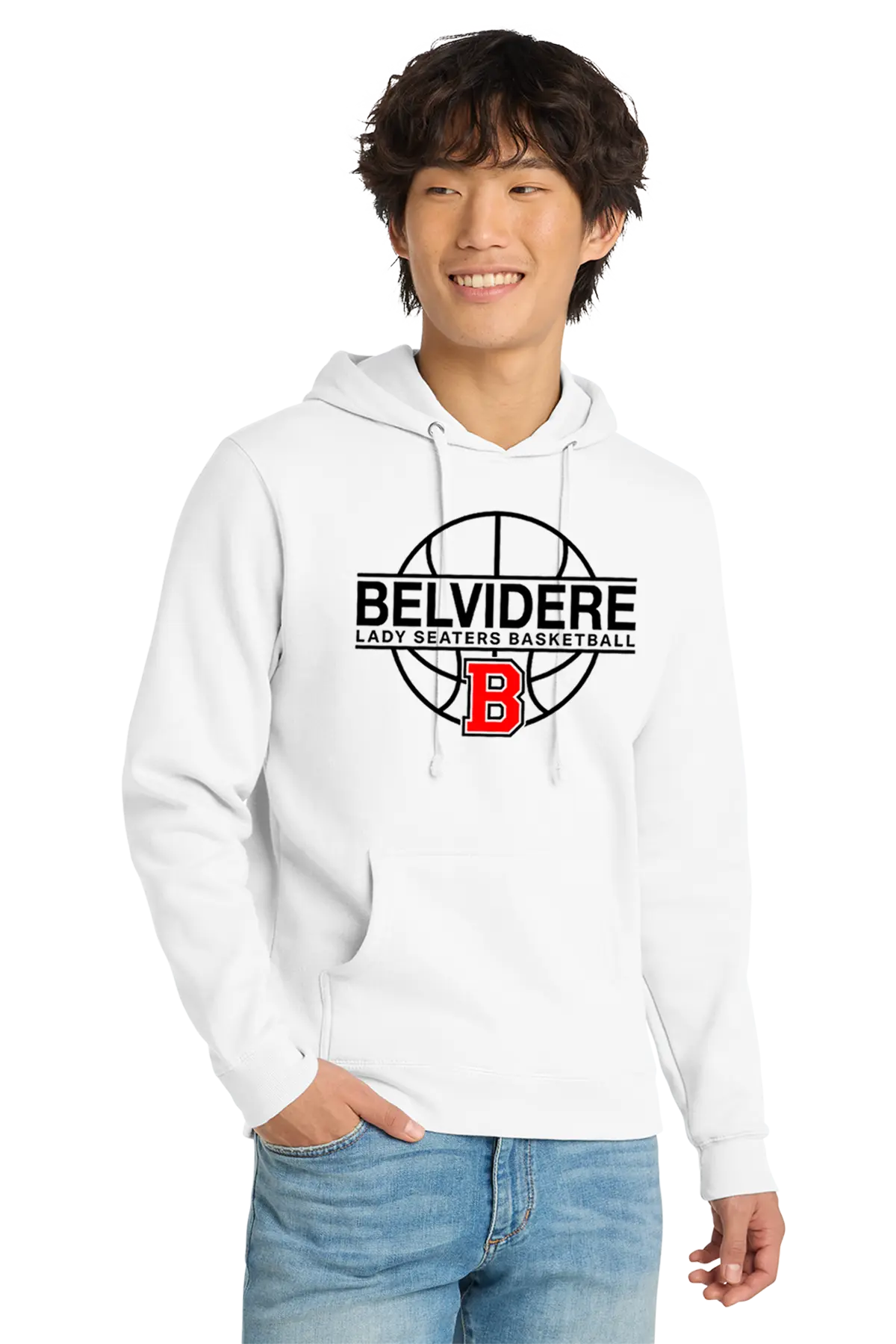 A smiling young man wearing a white pullover hoodie with a black and red Belvidere Lady Seaters Basketball graphic on the chest, paired with blue jeans, against a plain white background. Paper Street Print Co, Blairstown, NJ.