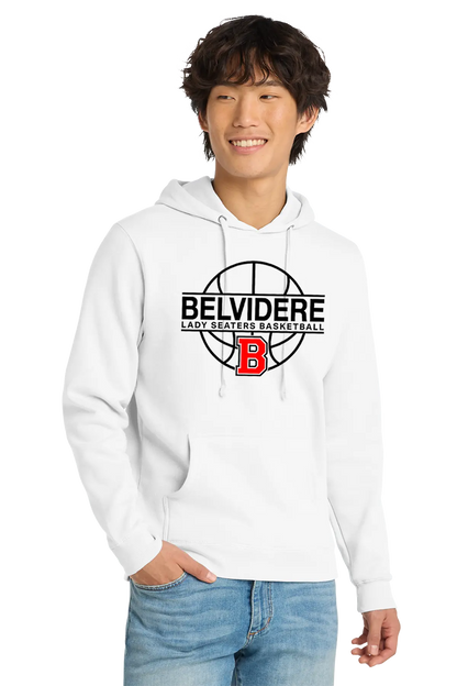 A smiling young man wearing a white pullover hoodie with a black and red Belvidere Lady Seaters Basketball graphic on the chest, paired with blue jeans, against a plain white background. Paper Street Print Co, Blairstown, NJ.