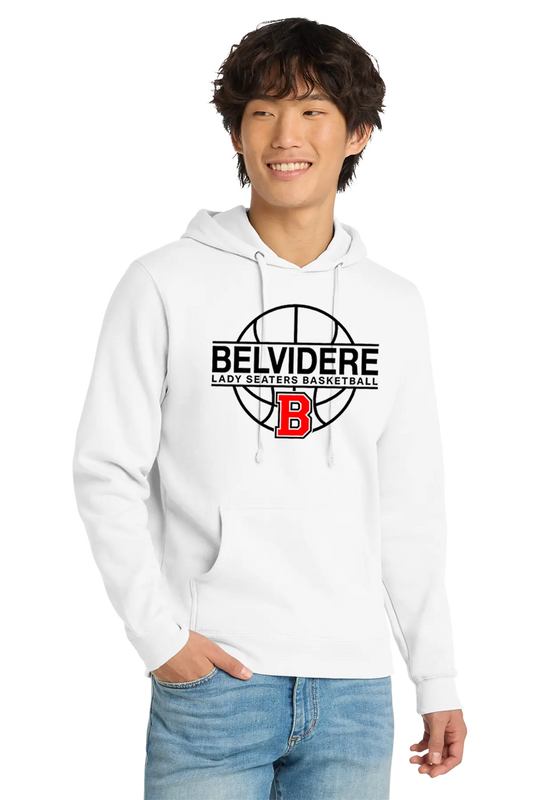 A smiling young man wearing a white pullover hoodie with a black and red Belvidere Lady Seaters Basketball graphic on the chest, paired with blue jeans, against a plain white background. Paper Street Print Co, Blairstown, NJ.