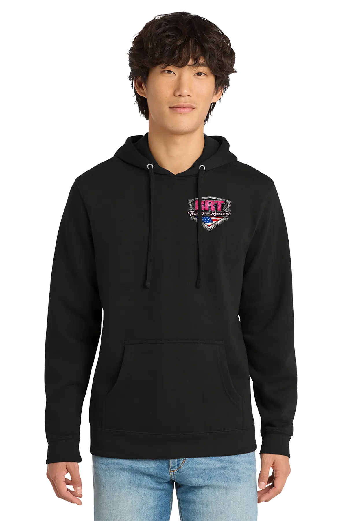 Person wearing a black hoodie with a logo on a white background. BRT Towing & Recovery, Paper Street Print Co, Blairstown, NJ.