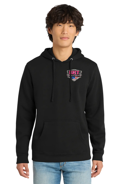 Person wearing a black hoodie with a logo on a white background. BRT Towing & Recovery, Paper Street Print Co, Blairstown, NJ.