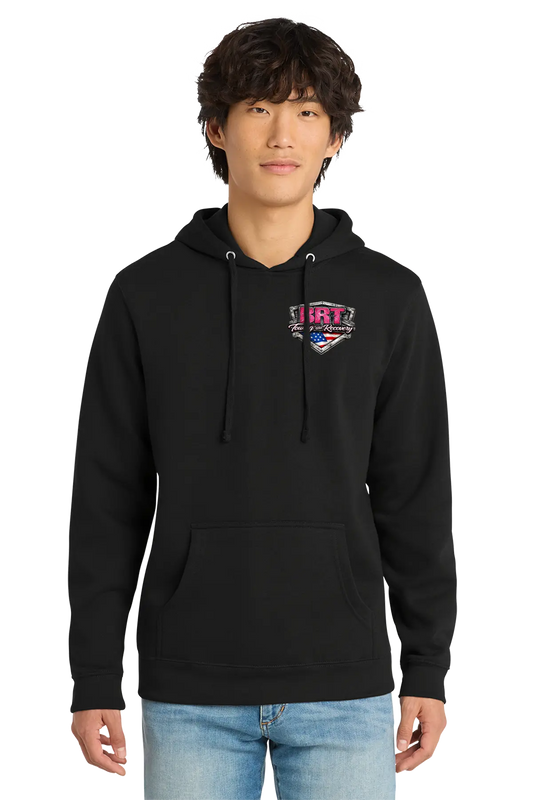 Person wearing a black hoodie with a logo on a white background. BRT Towing & Recovery, Paper Street Print Co, Blairstown, NJ.
