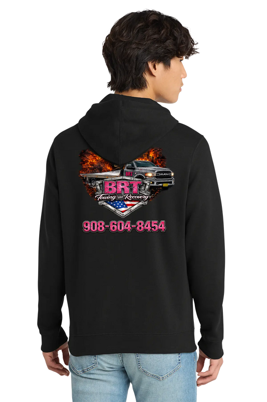 Person wearing a black hoodie with a graphic design and text on the back. BRT Towing & Recovery, Paper Street Print Co, Blairstown, NJ.