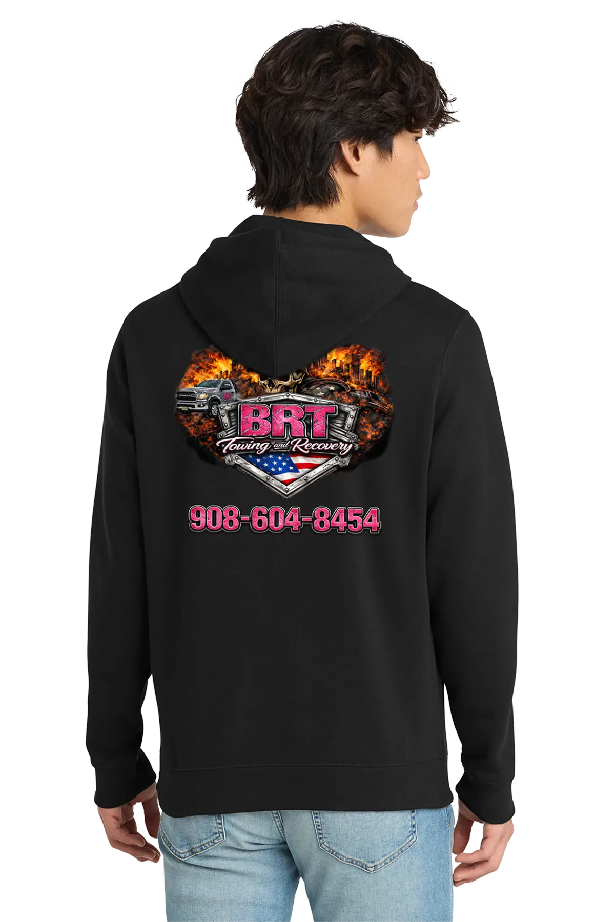Person wearing a black hoodie with 'BRT' logo and contact information on the back. BRT Towing & Recovery, Paper Street Print Co, Blairstown, NJ.