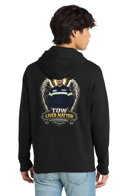 Person wearing a black hoodie with a graphic design on the back, standing against a white background. #JUSTICEFORDJ - Paper Street Print Co, Blairstown, NJ.