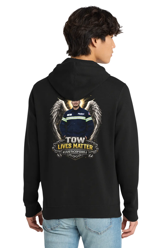 Person wearing a black hoodie with a graphic design on the back, standing against a white background. #JUSTICEFORDJ - Paper Street Print Co, Blairstown, NJ.