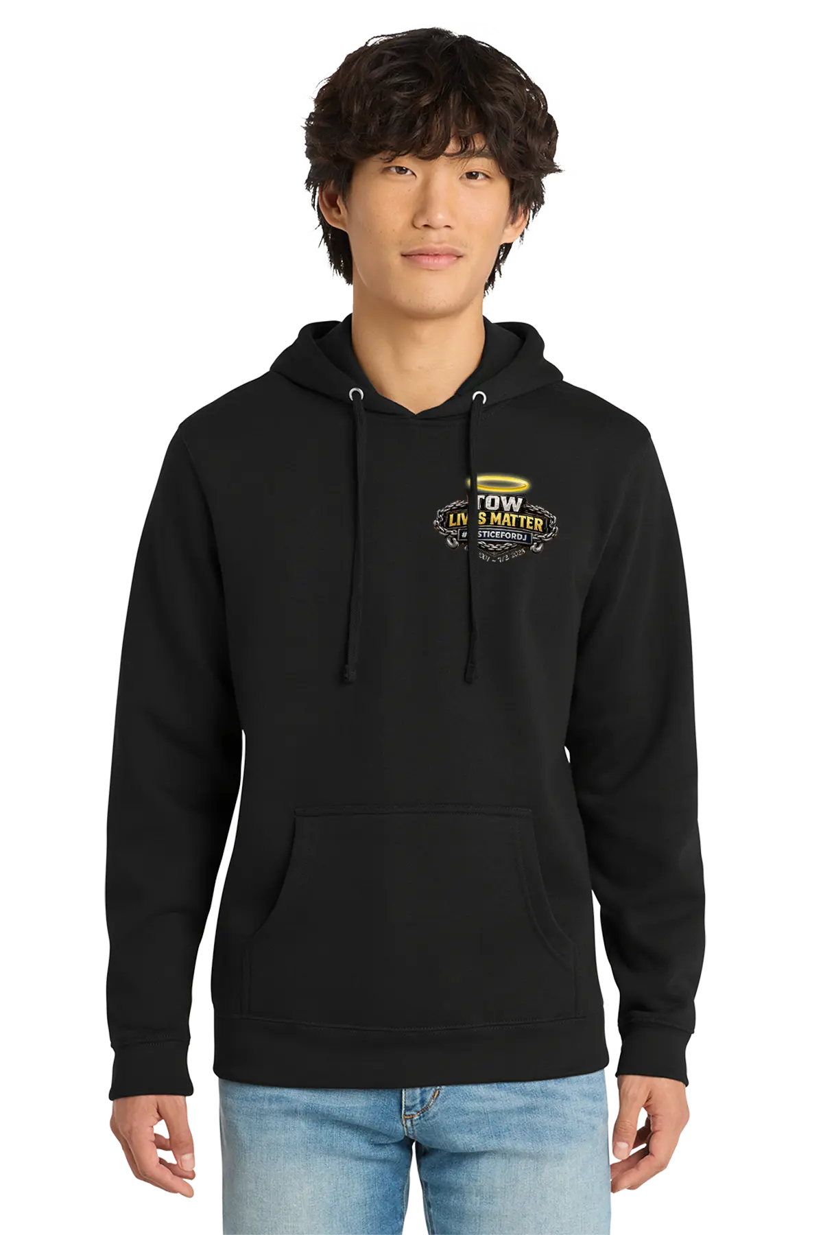 Person wearing a black hoodie with a graphic design on a white background. #JUSTICEFORDJ - Paper Street Print Co, Blairstown, NJ.