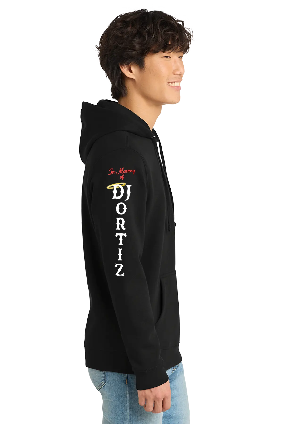 Person wearing a black hoodie with text and graphics on a white background. #JUSTICEFORDJ - Paper Street Print Co, Blairstown, NJ.