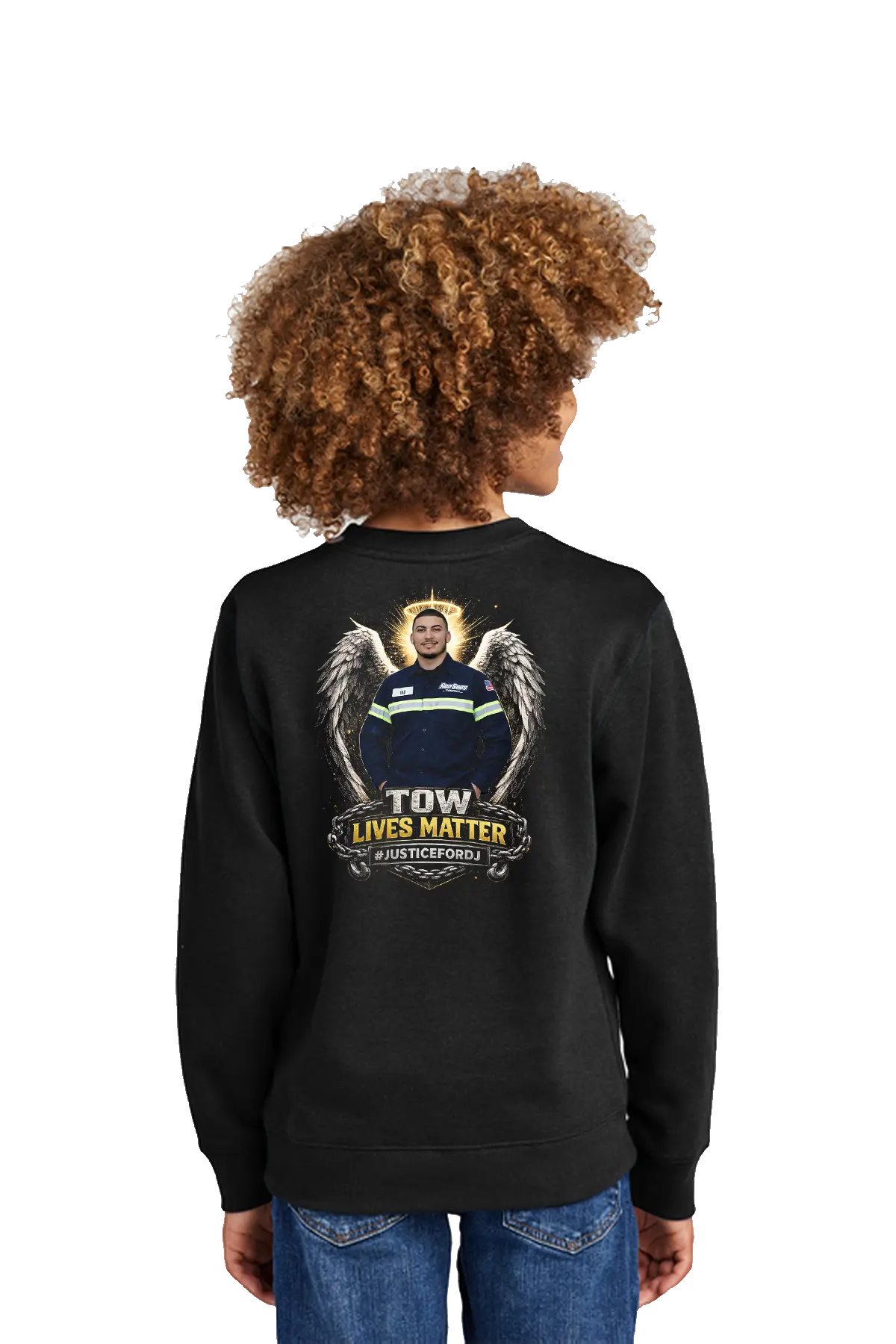 Person wearing a black sweatshirt with a graphic design on the back, standing against a white background. #JUSTICEFORDJ - Paper Street Print Co, Blairstown, NJ.