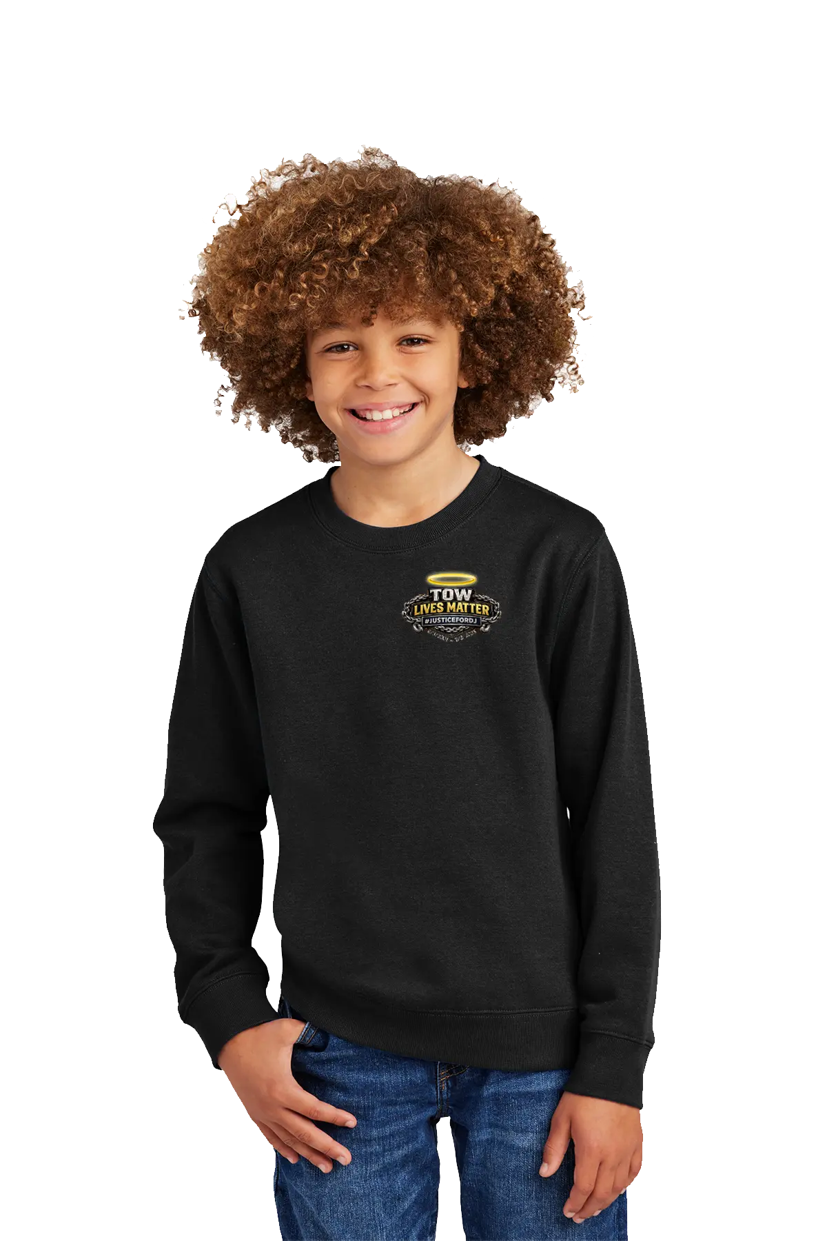 Child wearing a black long-sleeve shirt with a logo on a white background. #JUSTICEFORDJ - Paper Street Print Co, Blairstown, NJ.