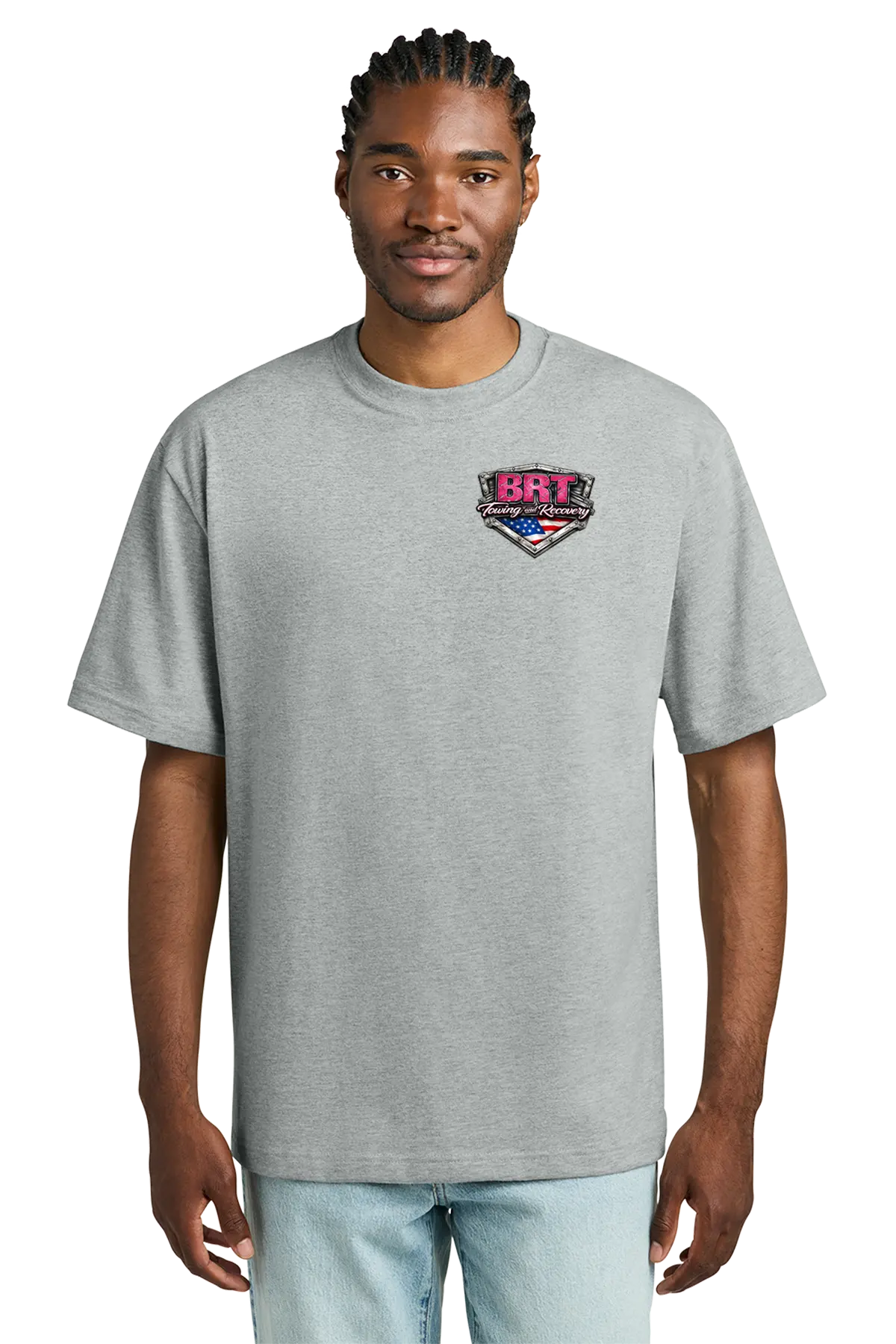 Man wearing a gray t-shirt with a logo on a white background. BRT Towing and Recovery, Paper Street Print Co, Blairstown, NJ.