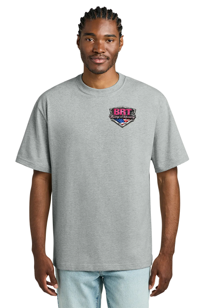 Man wearing a gray t-shirt with a logo on a white background. BRT Towing and Recovery, Paper Street Print Co, Blairstown, NJ.