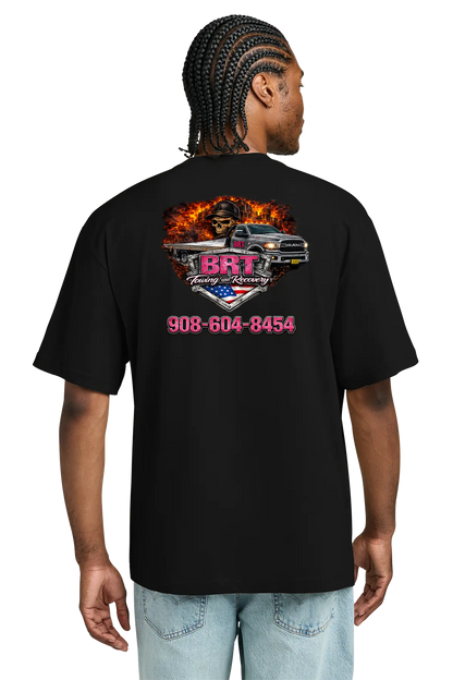 Person wearing a black t-shirt with a graphic design and contact information on the back. BRT Towing and Recovery, Paper Street Print Co, Blairstown, NJ.