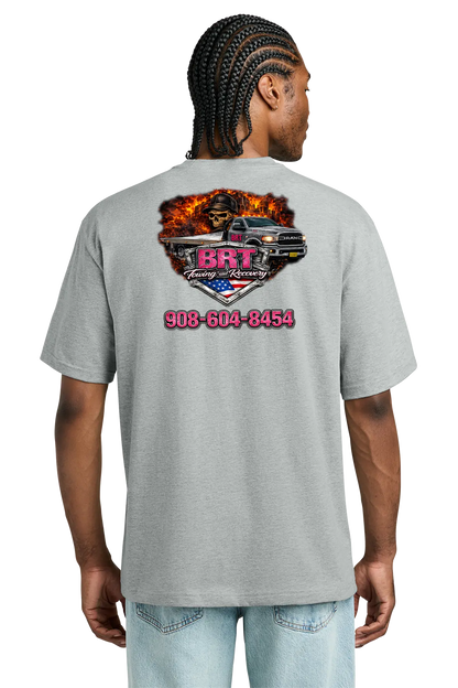 Person wearing a gray t-shirt with a graphic design on the back, featuring a phone number. BRT Towing and Recovery, Paper Street Print Co, Blairstown, NJ.
