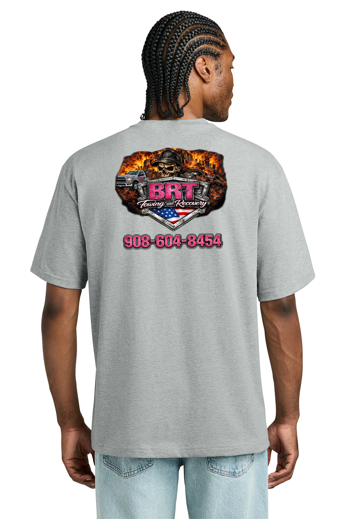 Person wearing a gray t-shirt with a logo and text on the back, on a white background. BRT Towing and Recovery, Paper Street Print Co, Blairstown, NJ.