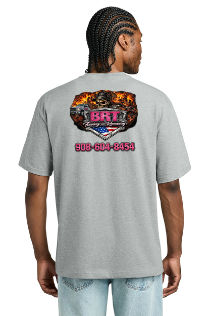 Person wearing a gray t-shirt with a logo and text on the back, on a white background. BRT Towing and Recovery, Paper Street Print Co, Blairstown, NJ.