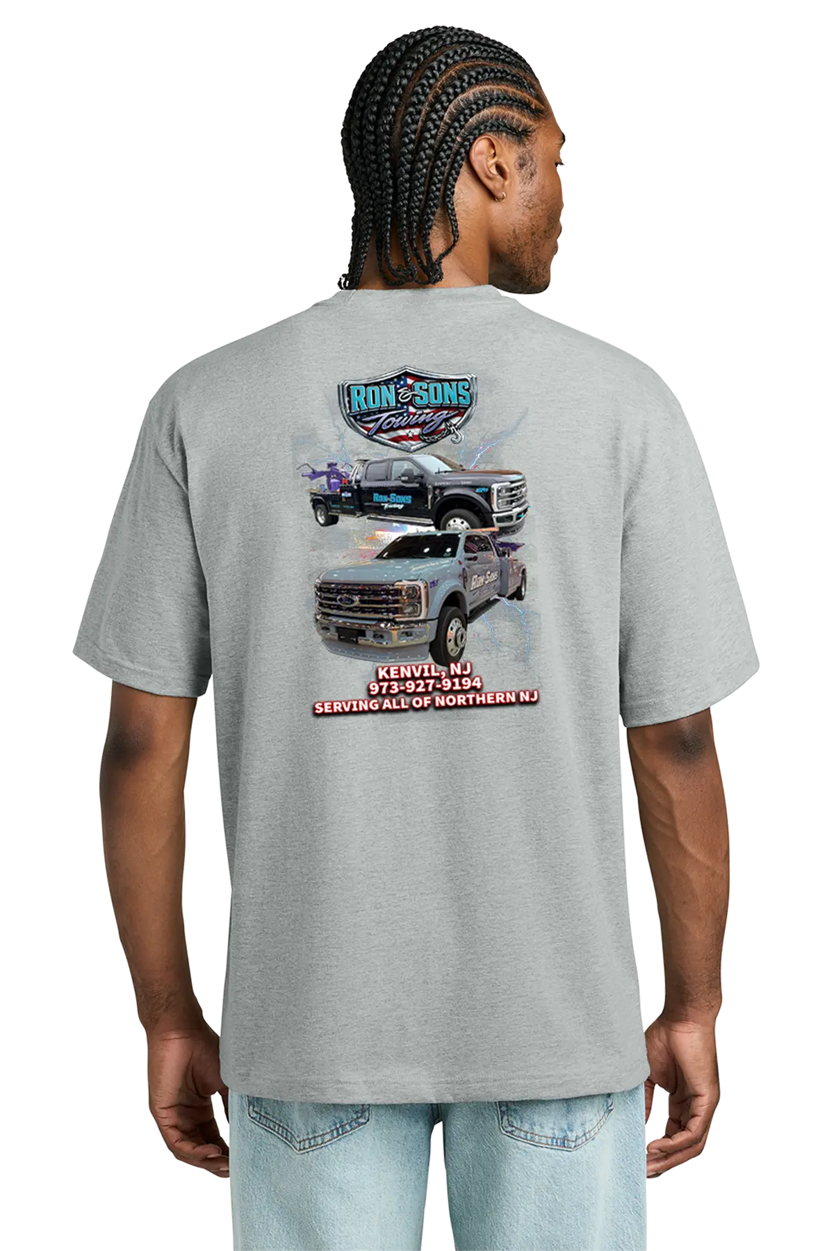 Person wearing a gray t-shirt with truck graphics and text on the back. Ron and Sons Towing, Paper Street Print Co, Blairstown, NJ.