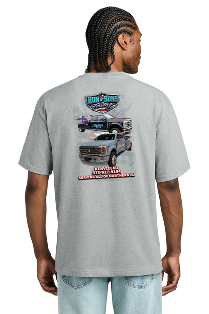 Person wearing a gray t-shirt with truck graphics and text on the back. Ron and Sons Towing, Paper Street Print Co, Blairstown, NJ.