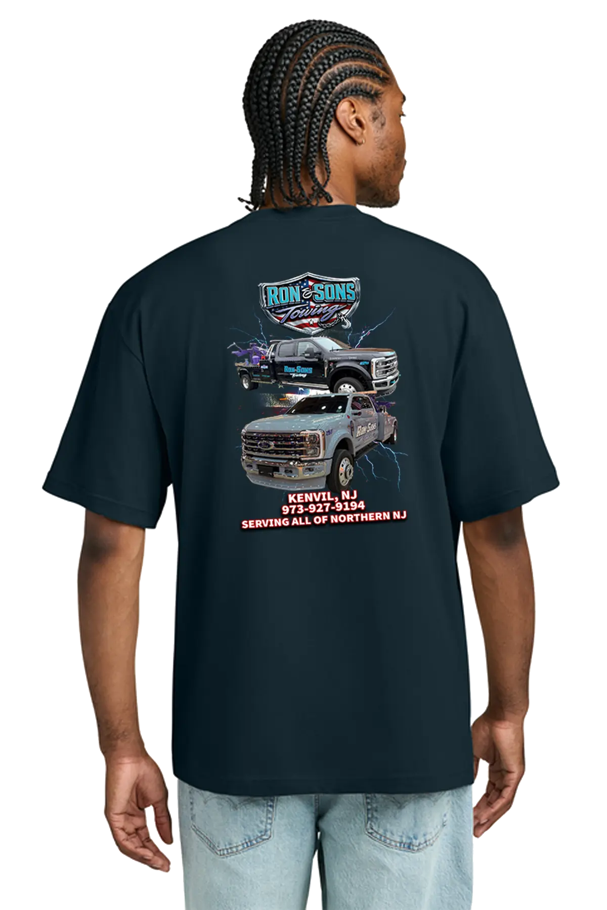 Person wearing a black t-shirt with graphics and text on the back. Ron and Sons Towing, Paper Street Print Co, Blairstown, NJ.