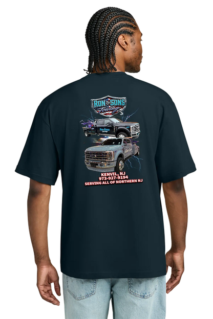 Person wearing a black t-shirt with graphics and text on the back. Ron and Sons Towing, Paper Street Print Co, Blairstown, NJ.