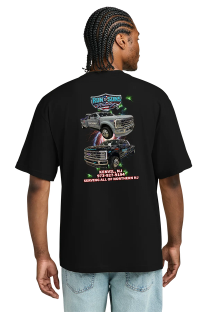 Person wearing a black t-shirt with graphics and text on the back. Ron and Sons Towing, Paper Street Print Co, Blairstown, NJ.