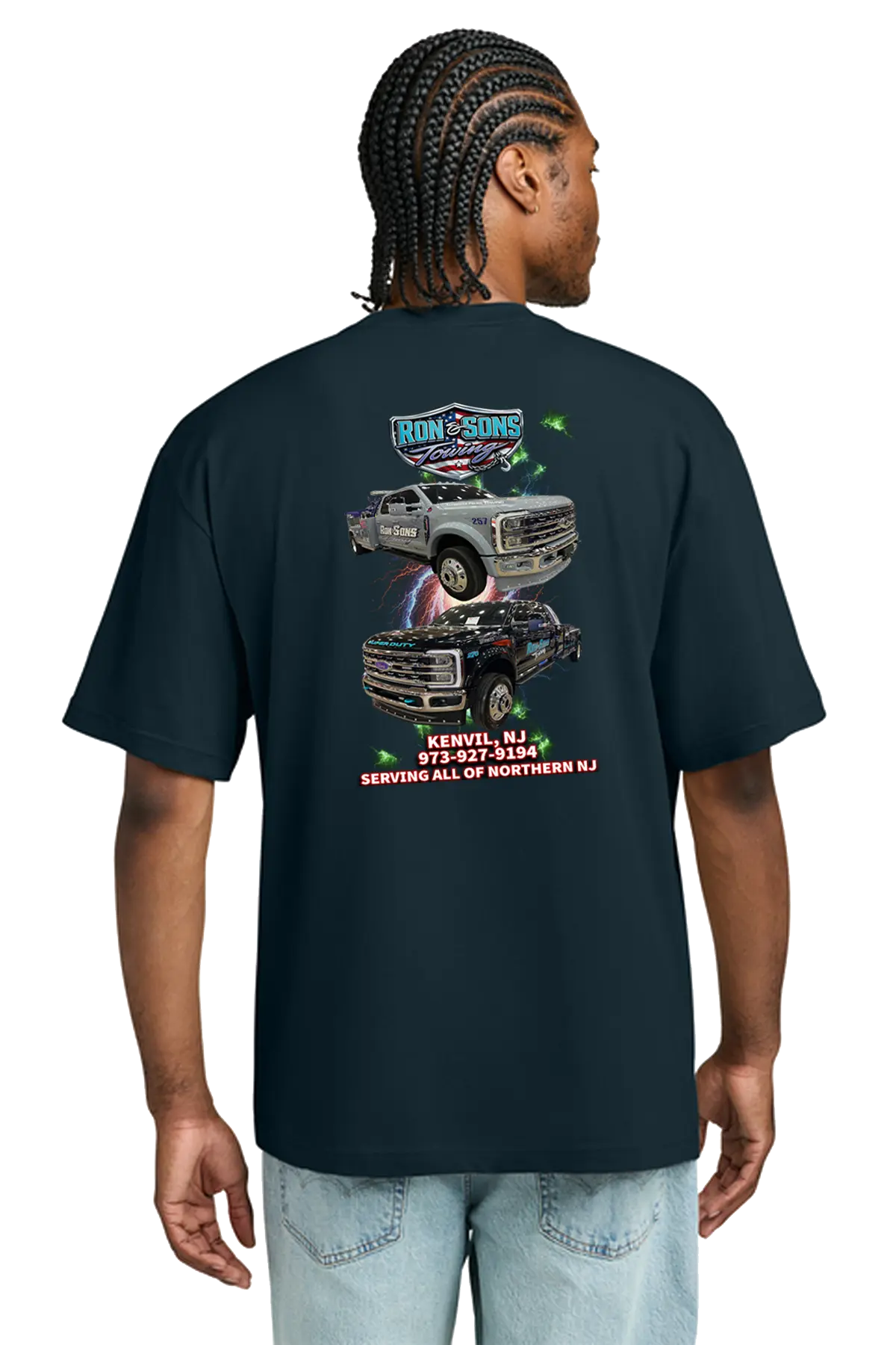 Person wearing a black t-shirt with graphics and text on the back. Ron and Sons Towing, Paper Street Print Co, Blairstown, NJ.