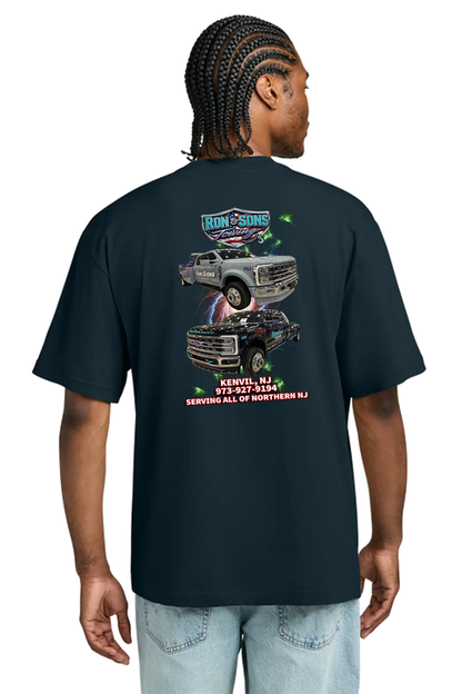 Person wearing a black t-shirt with graphics and text on the back. Ron and Sons Towing, Paper Street Print Co, Blairstown, NJ.