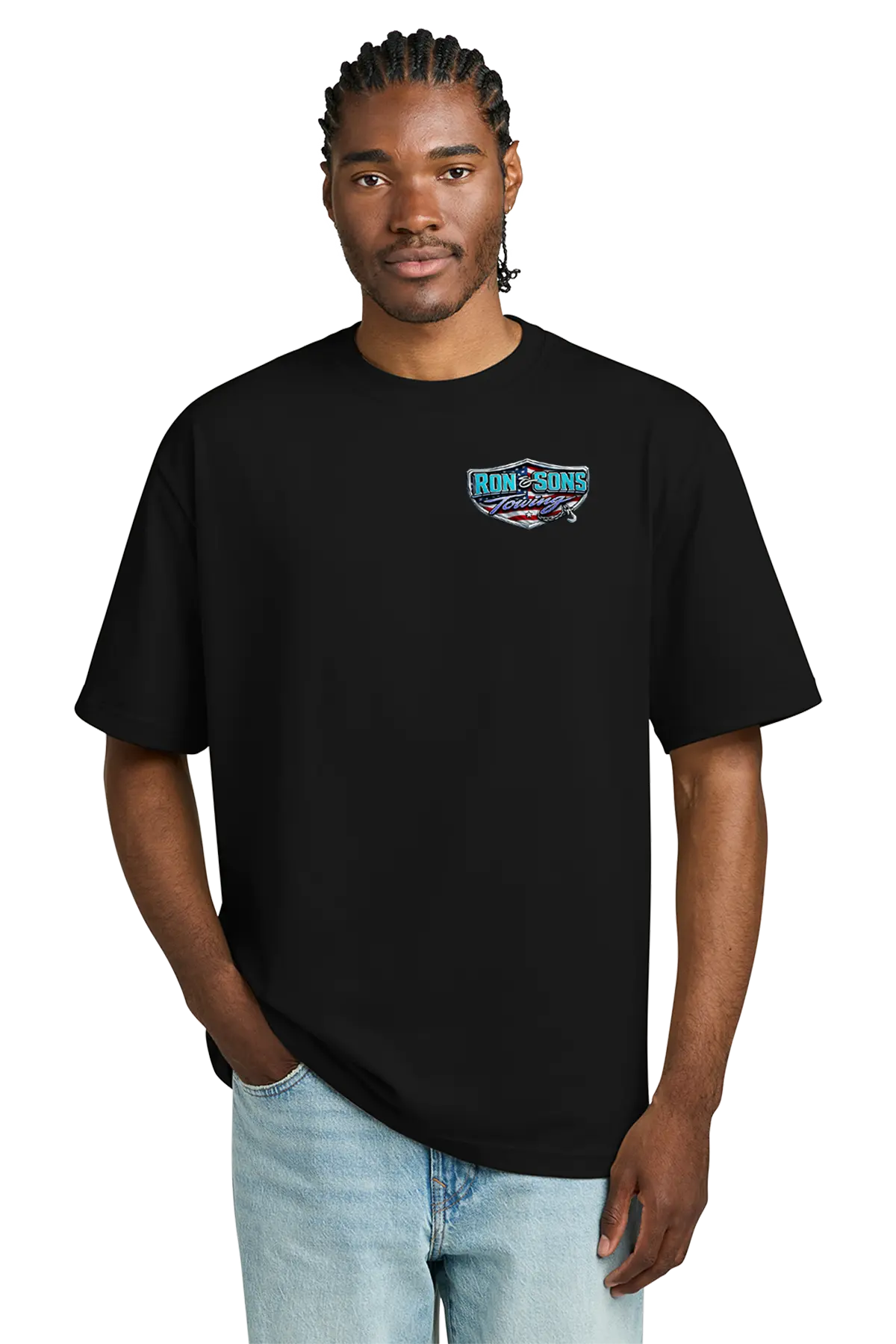 Person wearing a black t-shirt with a logo on a white background. Ron and Sons Towing, Paper Street Print Co, Blairstown, NJ.