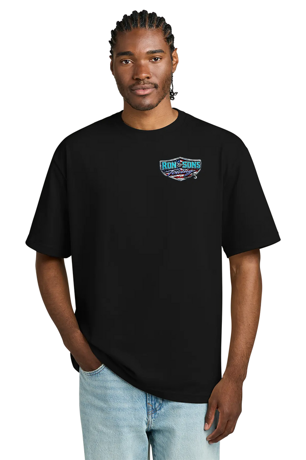 Person wearing a black t-shirt with a logo on a white background. Ron and Sons Towing, Paper Street Print Co, Blairstown, NJ.