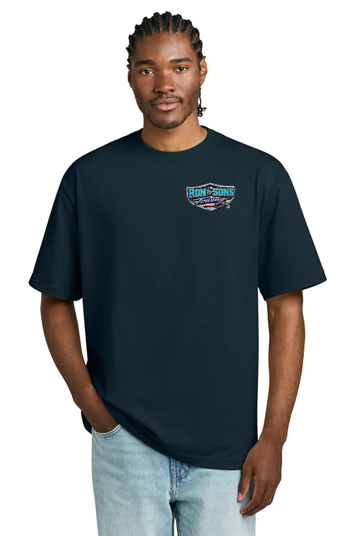 Man wearing a black t-shirt with a logo on a white background. Ron and Sons Towing, Paper Street Print Co, Blairstown, NJ.