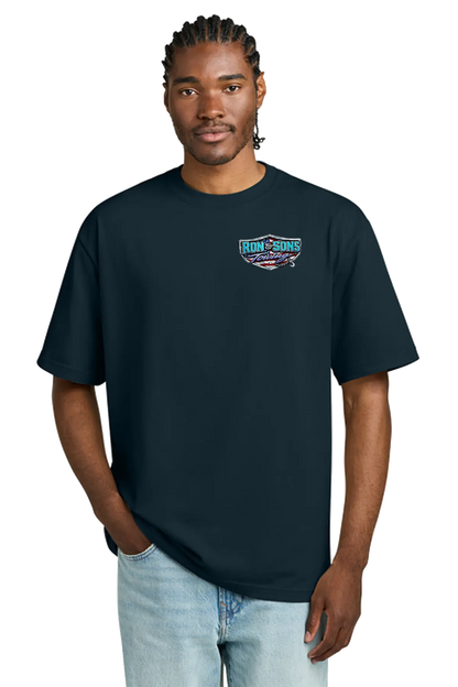 Man wearing a black t-shirt with a logo on a white background. Ron and Sons Towing, Paper Street Print Co, Blairstown, NJ.