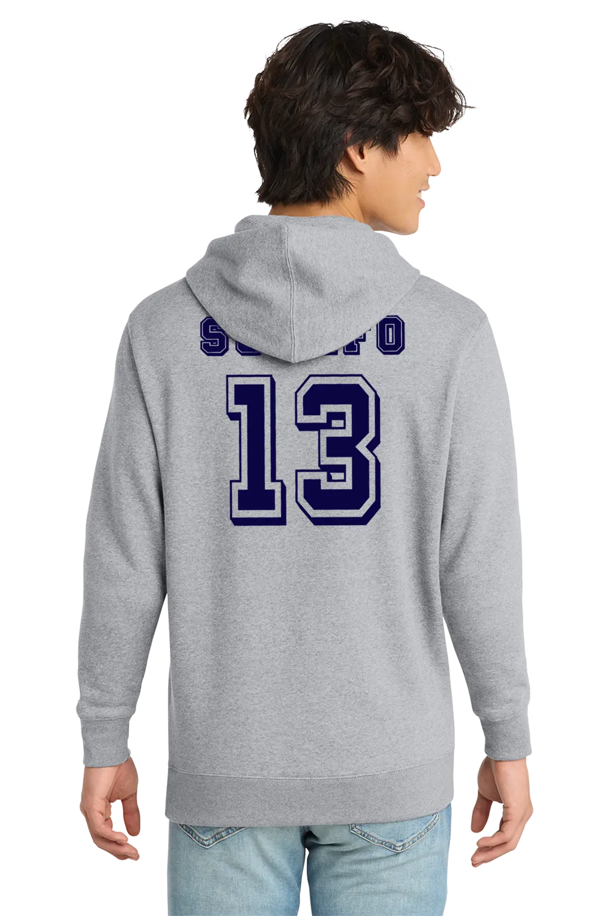 Person wearing a gray hoodie with 'Scarfo' and number '13' on the back, standing against a white background. Paper Street Print Co, Blairstown, NJ.