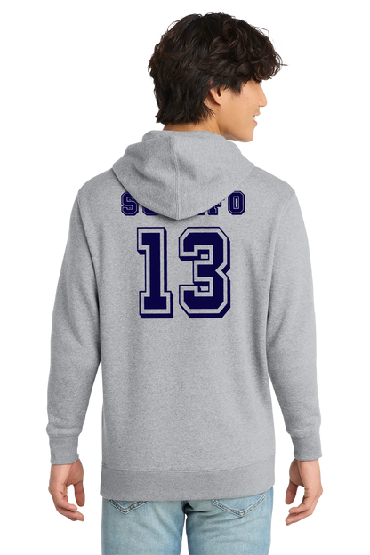 Person wearing a gray hoodie with 'Scarfo' and number '13' on the back, standing against a white background. Paper Street Print Co, Blairstown, NJ.