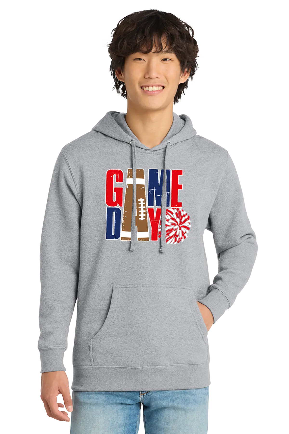 Person wearing a gray hoodie with 'GAMEDAY' design on a white background. Paper Street Print Co, Blairstown, NJ.