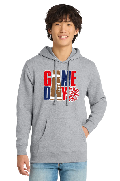 Person wearing a gray hoodie with 'GAMEDAY' design on a white background. Paper Street Print Co, Blairstown, NJ.