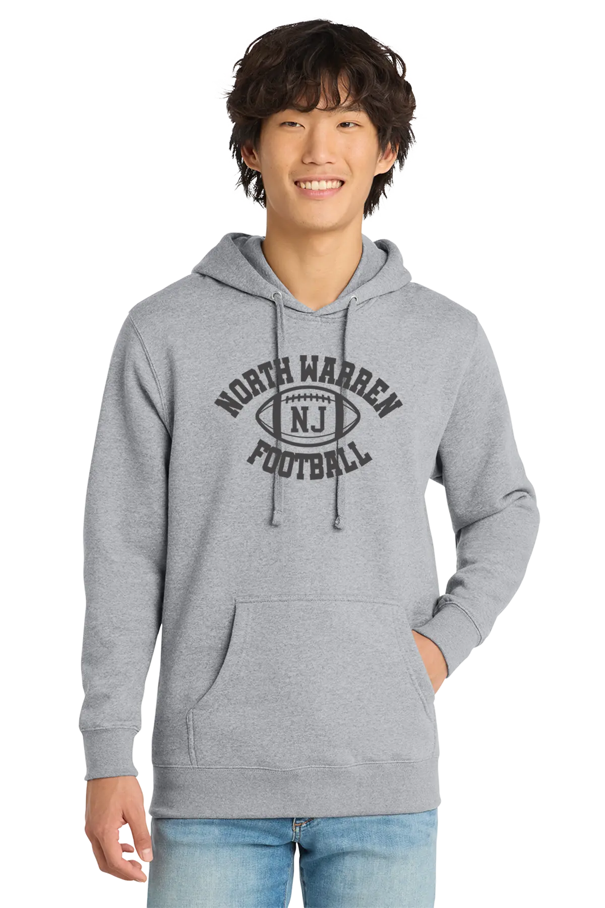 Person wearing a gray hoodie with 'North Warren Football' text on a white background. Paper Street Print Co, Blairstown, NJ.