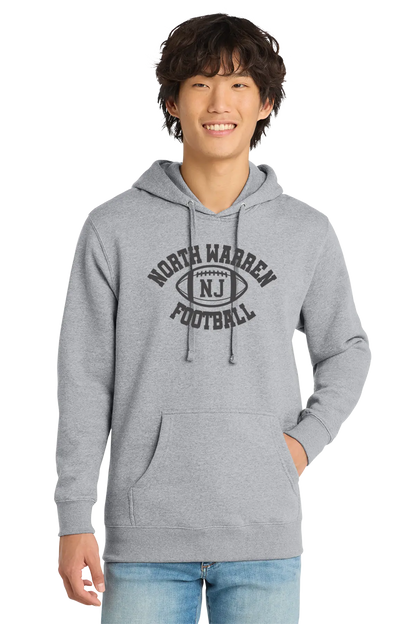 Person wearing a gray hoodie with 'North Warren Football' text on a white background. Paper Street Print Co, Blairstown, NJ.
