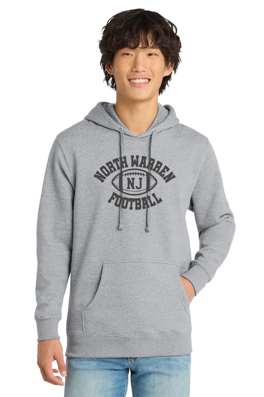 Person wearing a gray hoodie with 'North Warren Football' text on a white background. Paper Street Print Co, Blairstown, NJ.