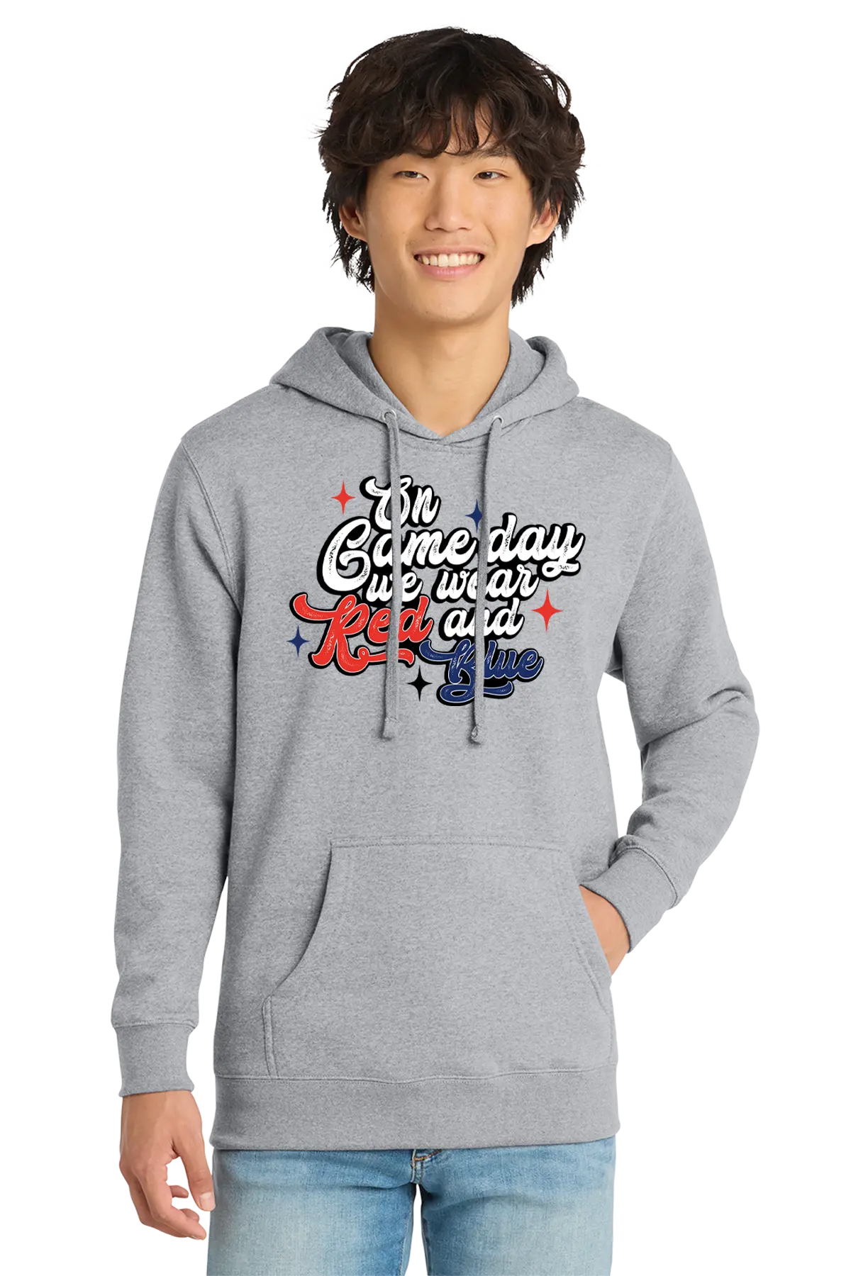 Person wearing a gray hoodie with colorful text design on a white background. Paper Street Print Co, Blairstown, NJ.