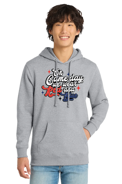 Person wearing a gray hoodie with colorful text design on a white background. Paper Street Print Co, Blairstown, NJ.