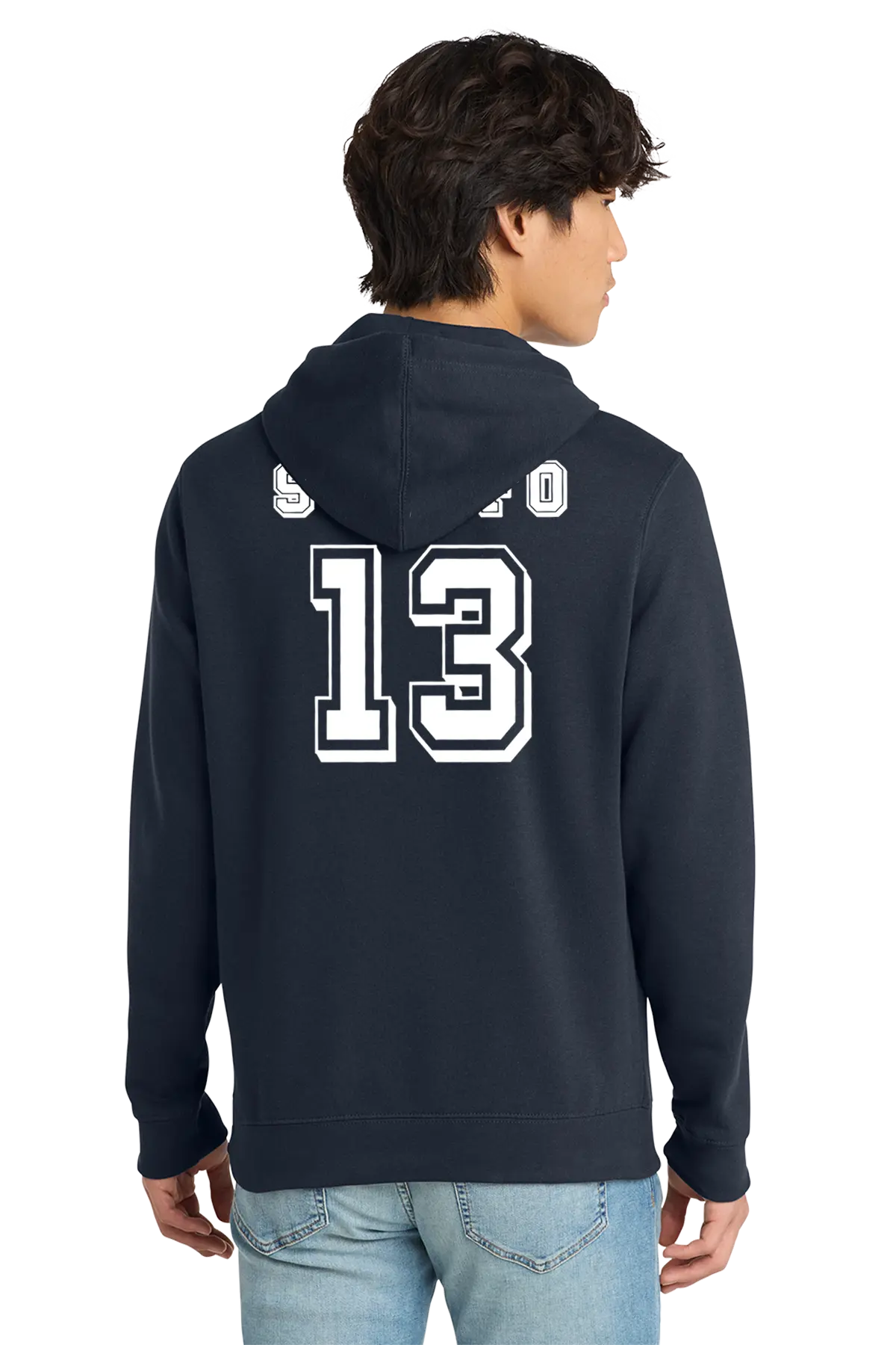 Person wearing a navy hoodie with the number 13 on the back, standing against a white background. Paper Street Print Co, Blairstown, NJ.
