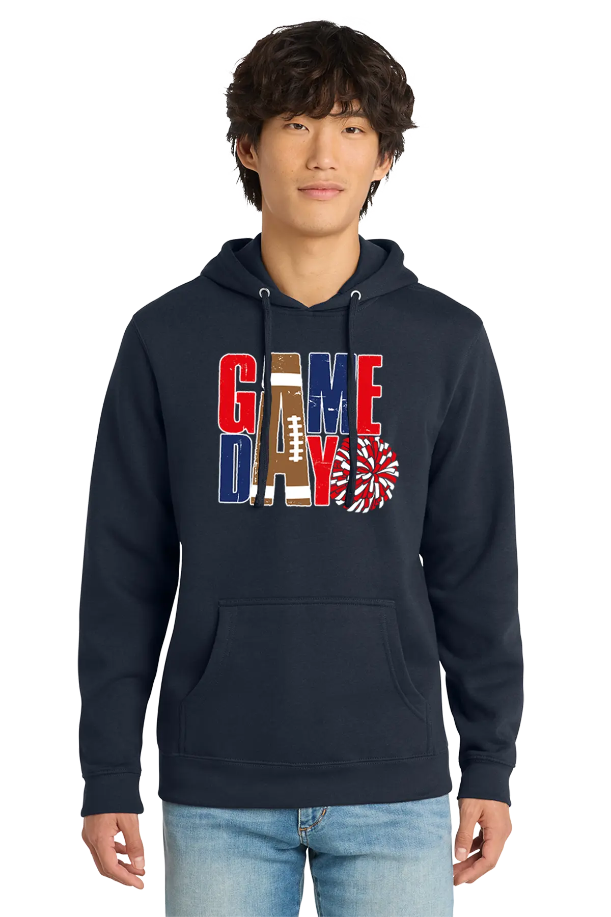 Person wearing a navy hoodie with 'GAMEDAY' design on a white background. Paper Street Print Co, Blairstown, NJ.
