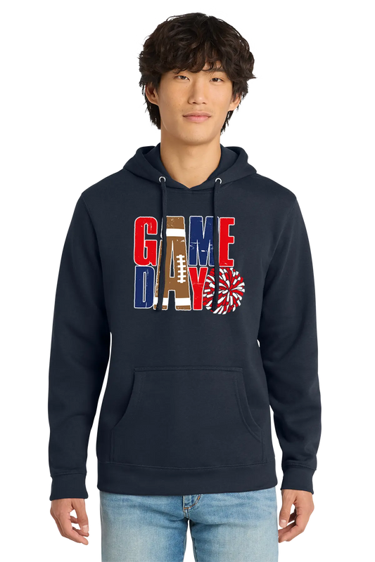 Person wearing a navy hoodie with 'GAMEDAY' design on a white background. Paper Street Print Co, Blairstown, NJ.