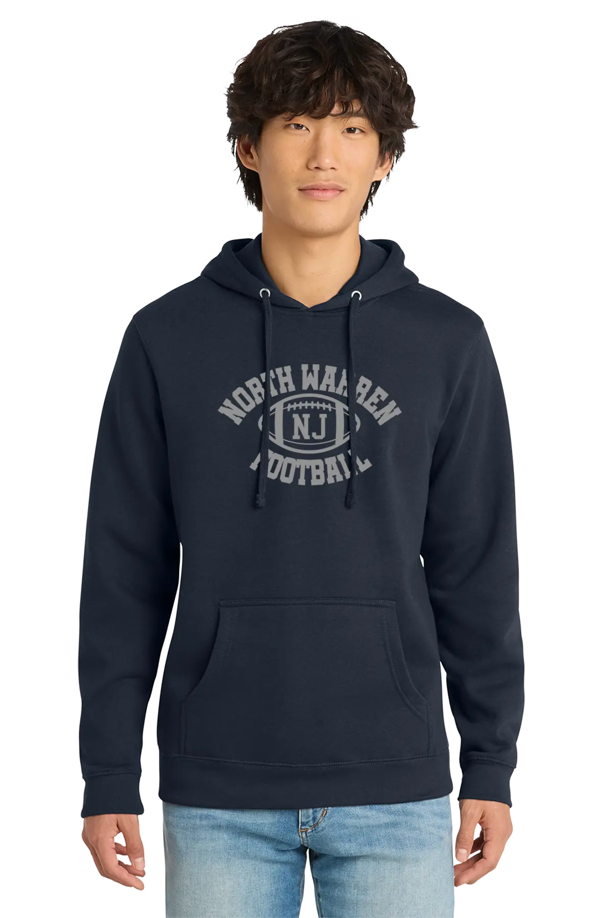 Person wearing a navy hoodie with 'North Walkeen NJ' text on a white background. Paper Street Print Co, Blairstown, NJ.