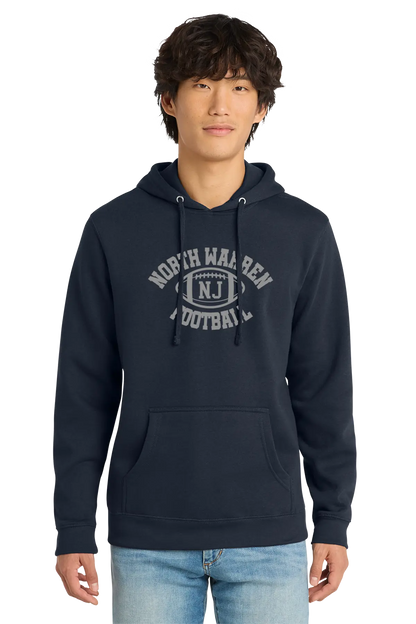 Person wearing a navy hoodie with 'North Walkeen NJ' text on a white background. Paper Street Print Co, Blairstown, NJ.