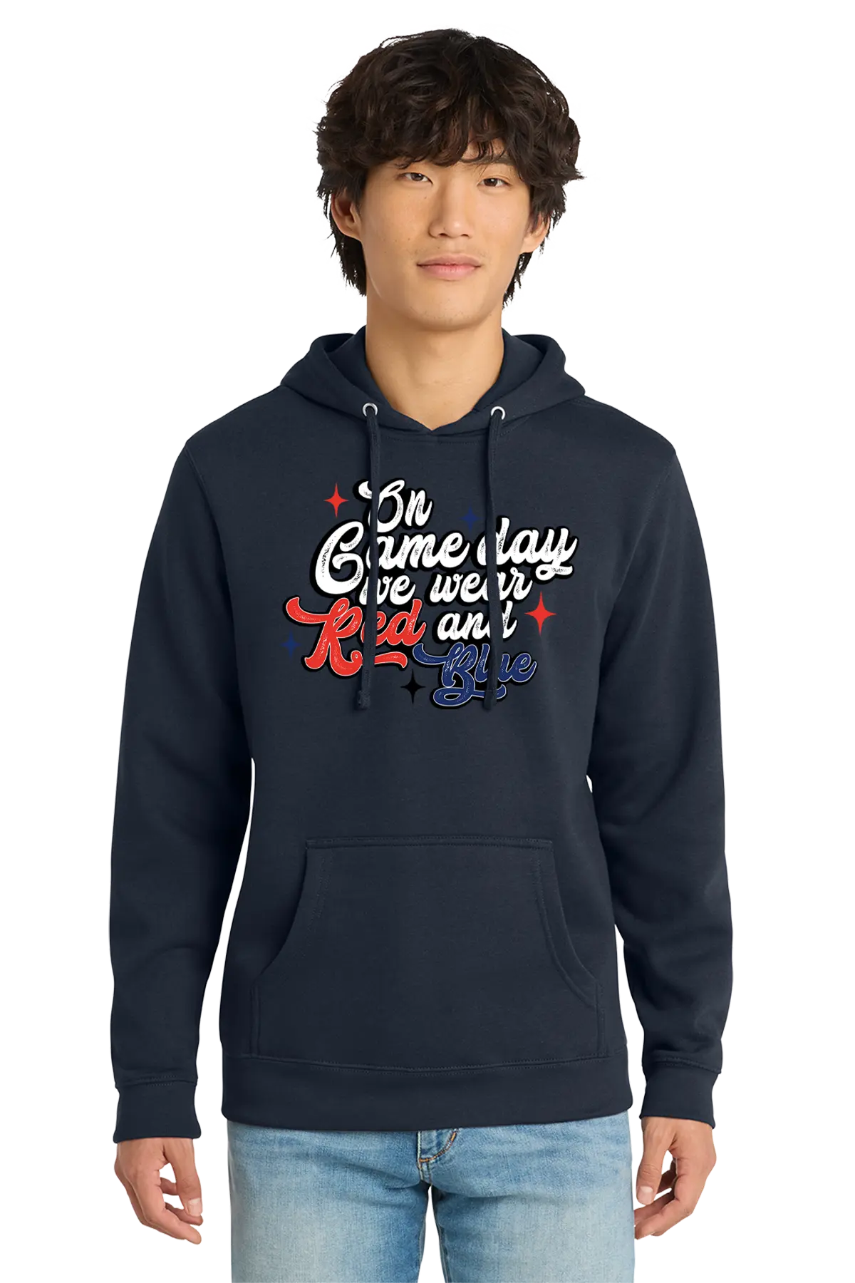 Person wearing a navy hoodie with colorful text design on a white background. Paper Street Print Co, Blairstown, NJ.