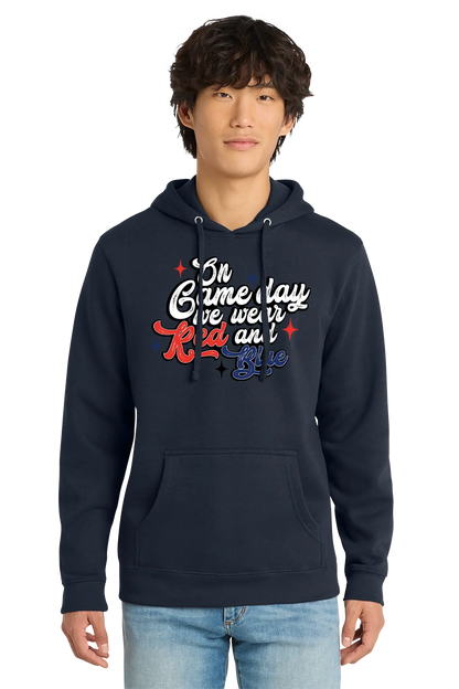 Person wearing a navy hoodie with colorful text design on a white background. Paper Street Print Co, Blairstown, NJ.