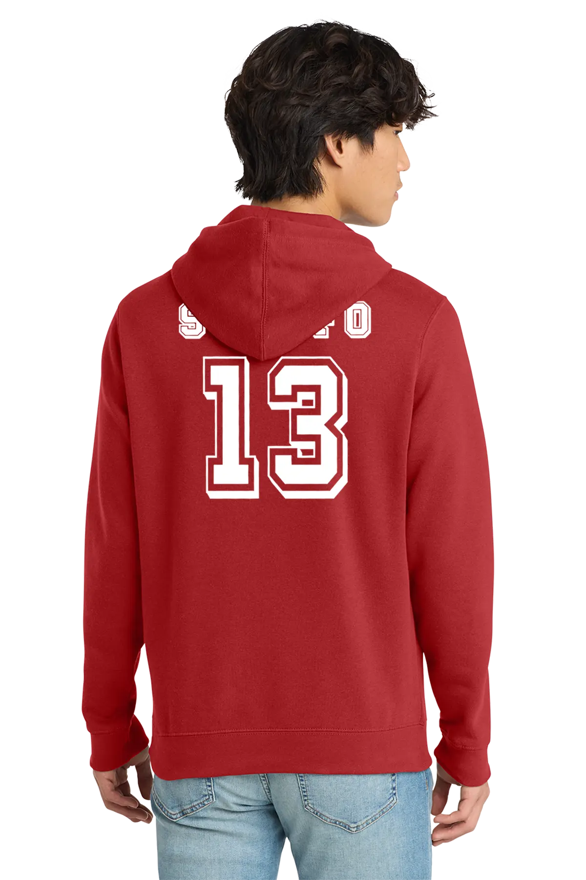 Red hoodie with number 13 on the back, worn by a person. Paper Street Print Co, Blairstown, NJ.