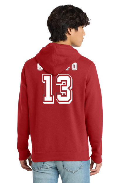 Red hoodie with number 13 on the back, worn by a person. Paper Street Print Co, Blairstown, NJ.