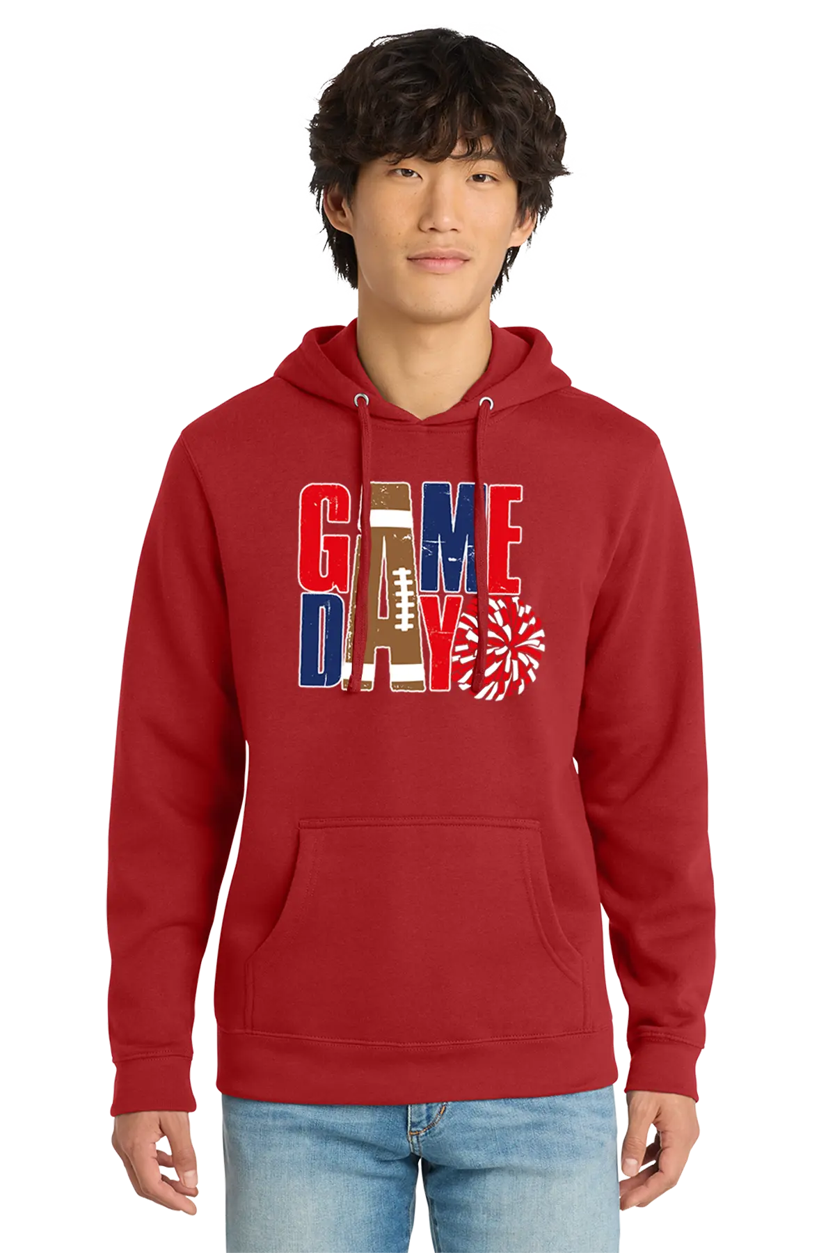 Person wearing a red hoodie with 'GAMEDAY' design on a white background. Paper Street Print Co, Blairstown, NJ.
